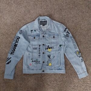 Brooklyn Cloth Womens Blue Denim Button-up Graphic Jacket Pockets Small